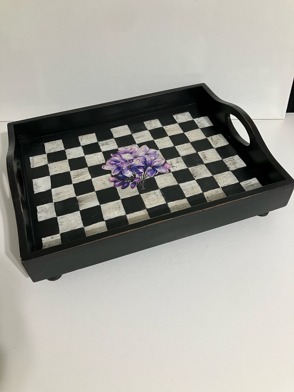 Black Checkerboard Serving Tray with Purple Floral Accent